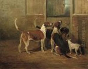 Foxhounds And A Lakeland Terrier By A Stable Door