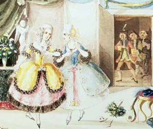 Fiordiligi and Dorabella watched from the doorway by Don Alfonso Ferrando and Guglielmo