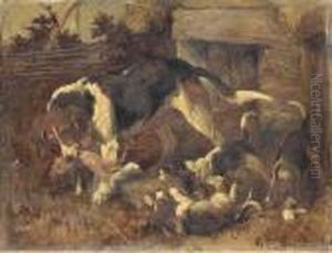 A Hound And Puppies With A Fox's Brush Outside A Kennel by John Emms