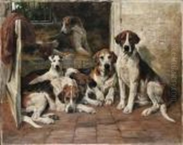 Hours Of Idleness - Hounds And A Terrier In A Kennel - view 1