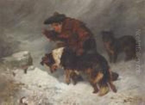 Highland Lad With Collies In The Snow - view 1
