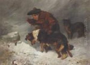 Highland Lad With Collies In The Snow by John Emms