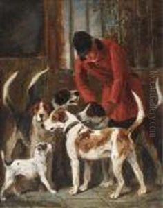 A Huntsman With Hounds And A Terrier By A Kennel Door by John Emms