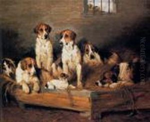 Foxhounds And A Terrier In A Kennel by John Emms