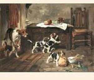 A Hound And Puppies In An Interior by John Emms
