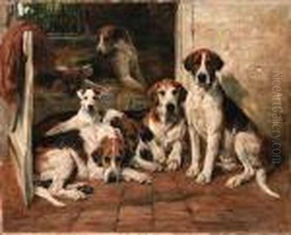 Hours Of Idleness; Foxhounds And A Terrier In A Kennel - view 1