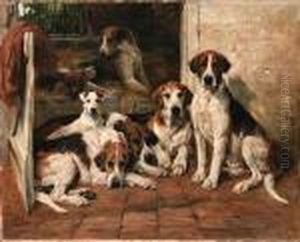 Hours Of Idleness; Foxhounds And A Terrier In A Kennel by John Emms
