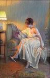 Junge Frau Im Neglige Auf Einem Bettsofa Mit Handspiegel by Delphin Enjolras