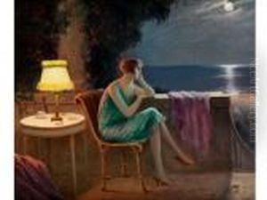 Junge Frau Auf Terrasse Vor Meer Bei Mondschein by Delphin Enjolras