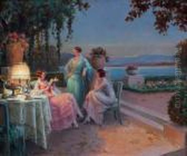 La Lecture, Trois Elegantes Sur La Terrasse - view 1