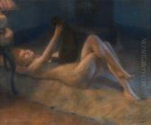 Nu Allonge Jouant Avec Son Chat by Delphin Enjolras