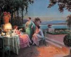 Trois Elegantes Sur Une Terrasse. Trois Elegantes Sur Une Terrasse.