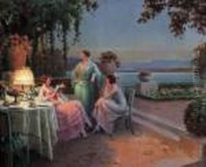 Trois Elegantes Sur La Terrasse Au Coucher Du Soleil by Delphin Enjolras
