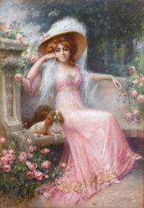An Elegant Lady With Her Cavalier King Charles Spaniels