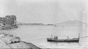 Fishermen moored before the Bay of Naples with Vesuvius beyond