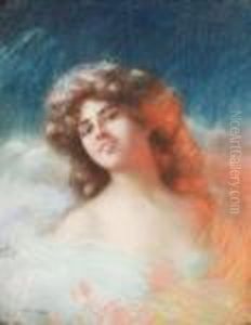 Portrait Of A Lady With Long Hair, Wearing A White Gown. Pastel On Cardboard, Signed
