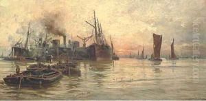The bustling Thames at dusk by Charles John de Lacy