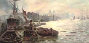 The busy docks at Greenwich by Charles John de Lacy