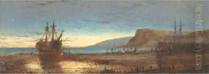 A hulk on a beach at dusk by Charles John de Lacy