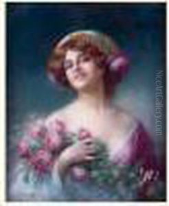 Jeune Femme A La Gerbe De Roses by Delphin Enjolras