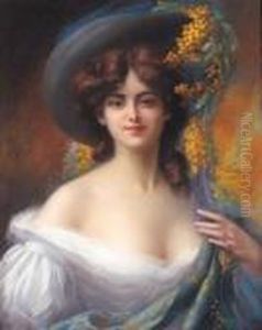 A Young Beauty In A Hat Decorated With Yellow Flowers A Young Beauty In A Hat Decorated With Yellow Flowers