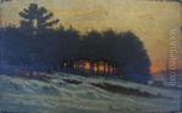 Luminous Sunset Landscape With Snowy Field, Trees, And Distant Village To The Right. - view 1