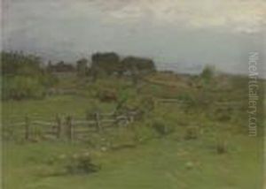 Cattle Grazing With A Farm In The Distance by John Joseph Enneking