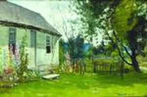 Summer Cottage With Hollyhocks by John Joseph Enneking