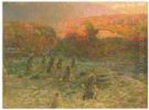 Autumn Landscape With Haystacks In A Pumpkin Field by John Joseph Enneking