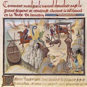 Maugis Fighting the Serpent and Gaining the Enchanted Horse by Loyset Liedet