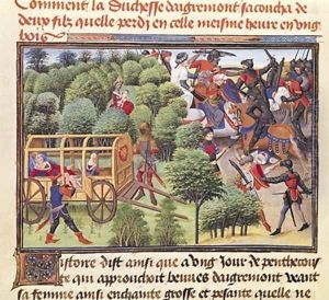 How the Duchess of Aigremont gave birth to two sons and lost them in the same hour in a wood from the Renaud de Montauban cycle by Loyset Liedet