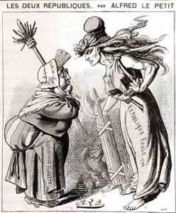 Cartoon depicting the Social French Republic against the Conservative French Republic from Le Grelot by Alfred Le Petit