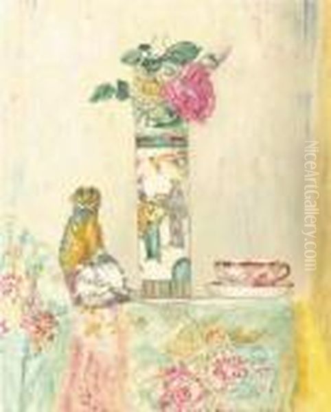 A Still Life With Roses In A Vase And Chinoiseries On A Draped Table - view 1