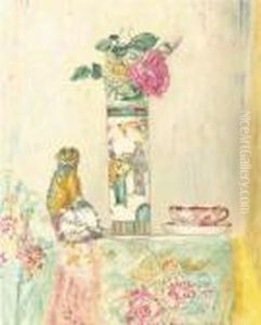 A Still Life With Roses In A Vase And Chinoiseries On A Draped Table by James Ensor