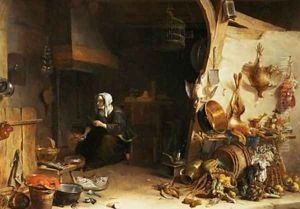 A Kitchen Interior with a Servant Girl Surrounded by Utensils Vegetables and a Lobster on a Plate