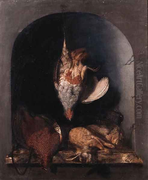 A trompe l'oeil a grey partridge hanging from a string on a nail before a stone niche with dead grouse, a rabbit, black game and a hunting bag - view 1