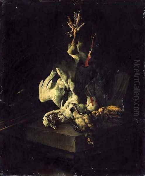 Dead birds hanging from a rope with a shotgun, above a stone ledge by Cornelis van Lelienbergh