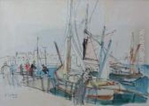 Bateaux Et Personnages Au Quai (1930) by Henri Epstein