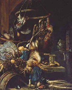 A hare, a duck and a partridge with a wicker basket of pears, a cabbage, parsnips, artichokes on a stone ledge in a kitchen interior