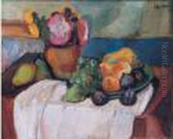 Nature Morte Aux Fleurs Et Fruits Sur Une Nappe Blanche - view 1
