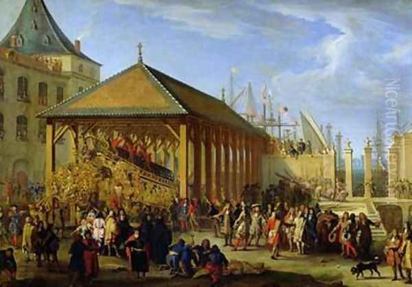 Jean Baptiste Colbert 1651-90 Marquis de Seignelay and Louis Victor de Rochechouart 1636-88 Duc de Vivonne Visiting the Galleon Reale de France in the Arsenal of Marseilles in 1669 - view 1
