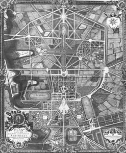 General plan of the town and Chateau of Versailles with its gardens forests and fountains