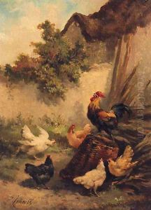 Roosters And Chickens In A Farmyard by Louis Marie Lemaire