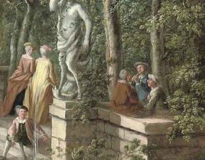 A Fete Champetre with elegant company and figures making music by Nicolas Lancret