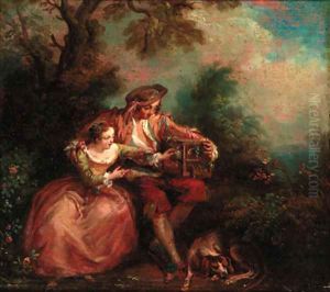 An elegant couple with a caged bird in a landscape