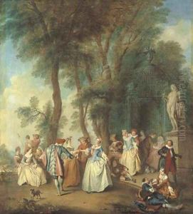 Elegant company dancing before an arbour by Nicolas Lancret