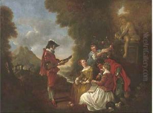 Elegant company in a landscape with a gentleman making music by Nicolas Lancret