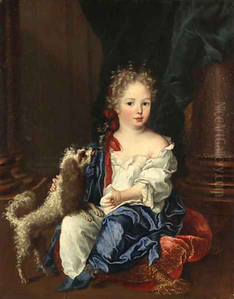 Portrait of a girl with a poodle, full-length, seated, in a white chemise and blue shawl - view 1
