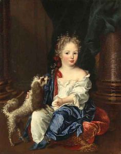 Portrait of a girl with a poodle, full-length, seated, in a white chemise and blue shawl