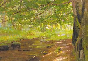 A sunlit woodland stream by Thomas Reynolds Lamont